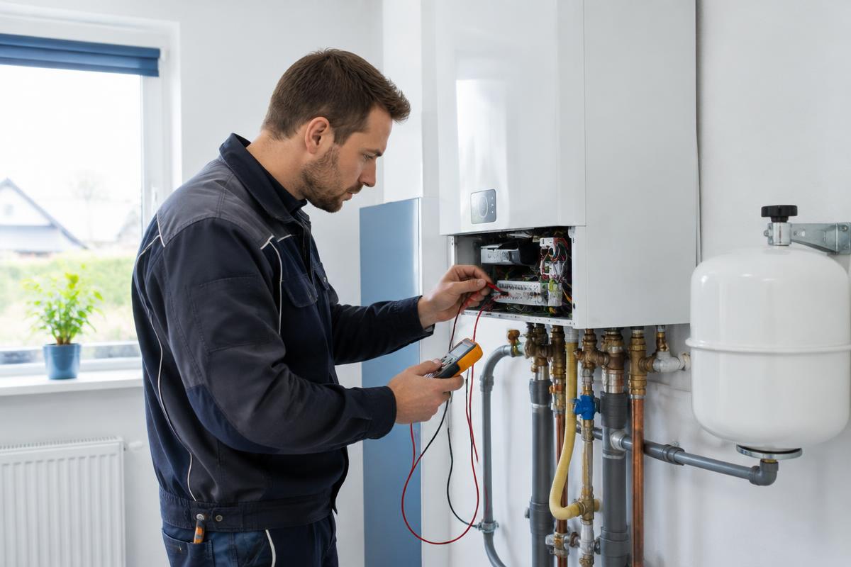 Monteur meet met een multimeter aan een cv-ketel tijdens een storing